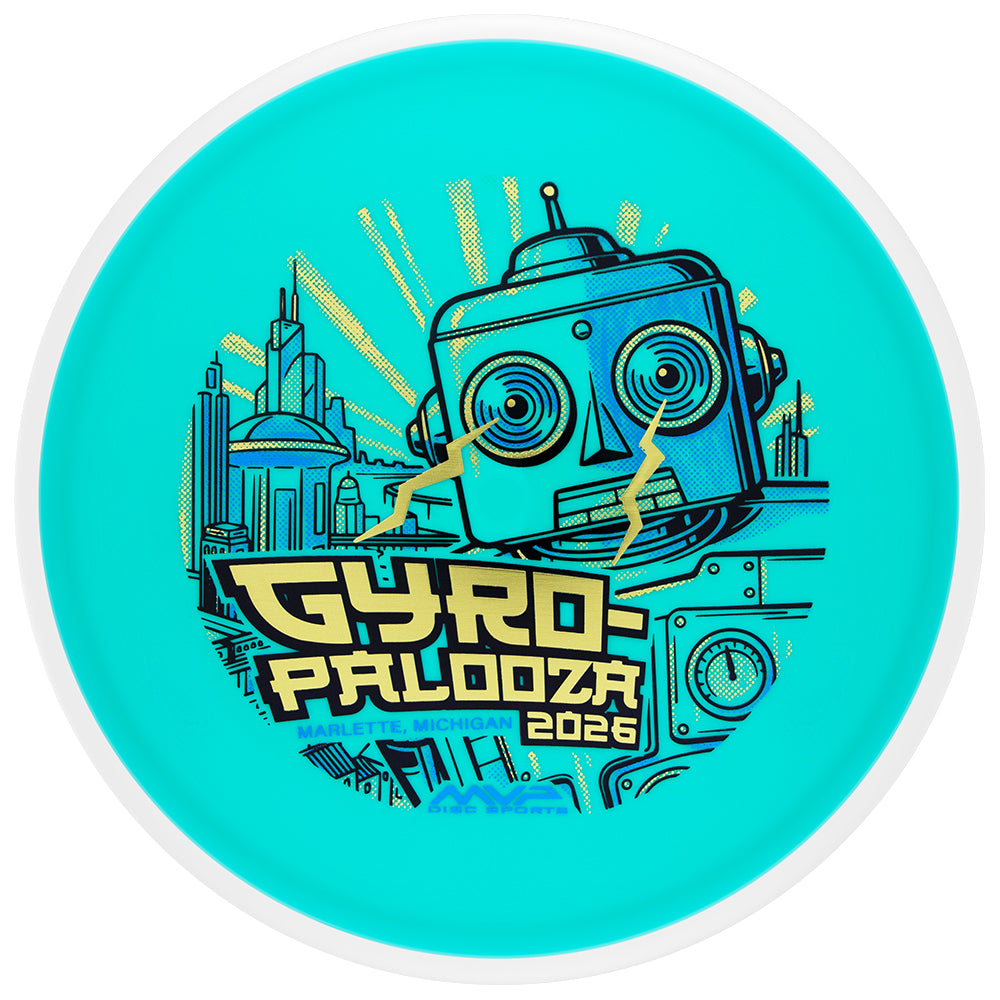 MVP GYROpalooza 2026 disc, teal with a gold robot and city Gyro-Palooza 2026 stamp, top view