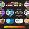 Promotional graphic for a Discraft x Innova Worlds Edition Collector Set, showing multiple circular flying disc packs arranged in a grid on a black background with gold hexagon pattern. The discs feature various colors and graphics, with text labels identifying each pack.