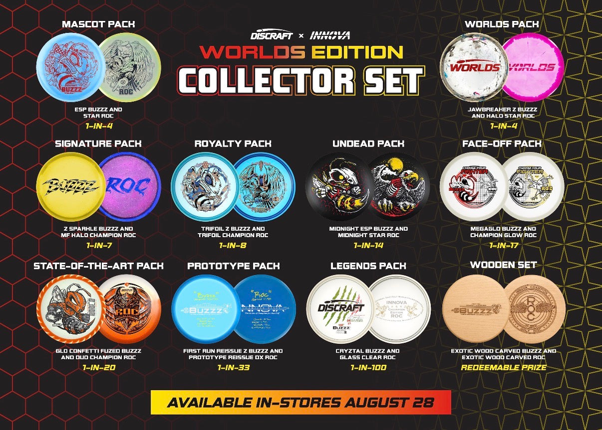 Promotional graphic for a Discraft x Innova Worlds Edition Collector Set, showing multiple circular flying disc packs arranged in a grid on a black background with gold hexagon pattern. The discs feature various colors and graphics, with text labels identifying each pack.
