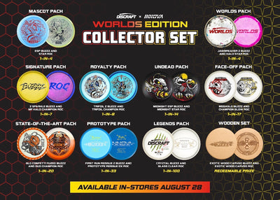 Promotional graphic for a Discraft x Innova Worlds Edition Collector Set, showing multiple circular flying disc packs arranged in a grid on a black background with gold hexagon pattern. The discs feature various colors and graphics, with text labels identifying each pack.