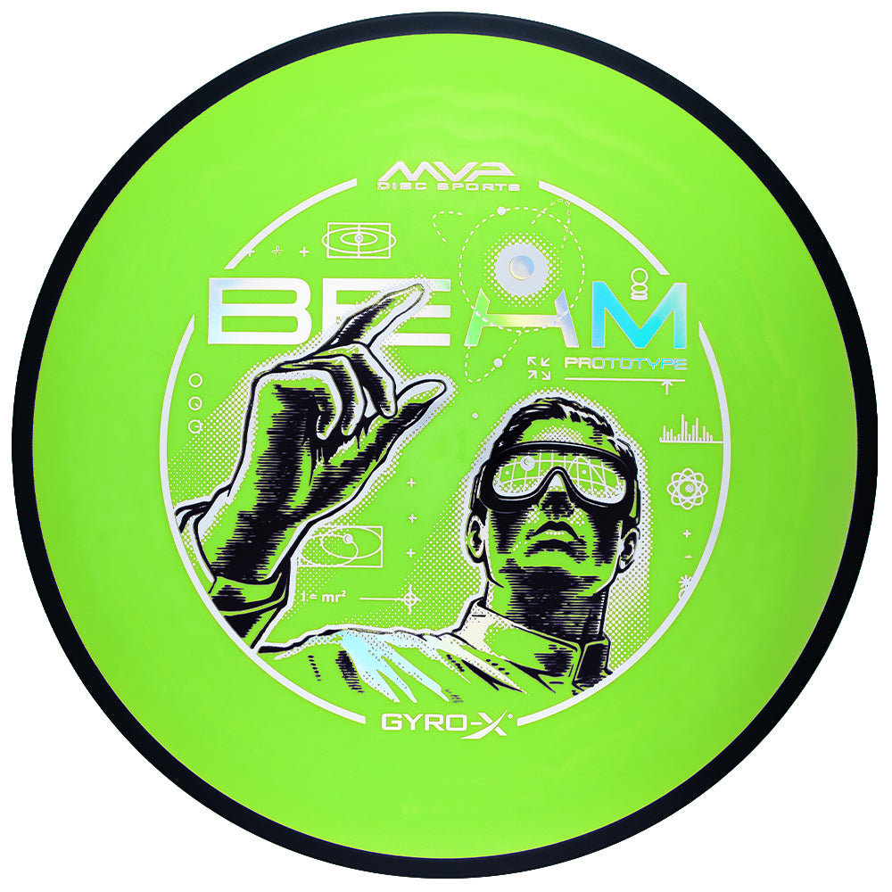 MVP Beam Prototype Gyro-X disc, bright green with a black rim and a holographic Beam stamp, top view