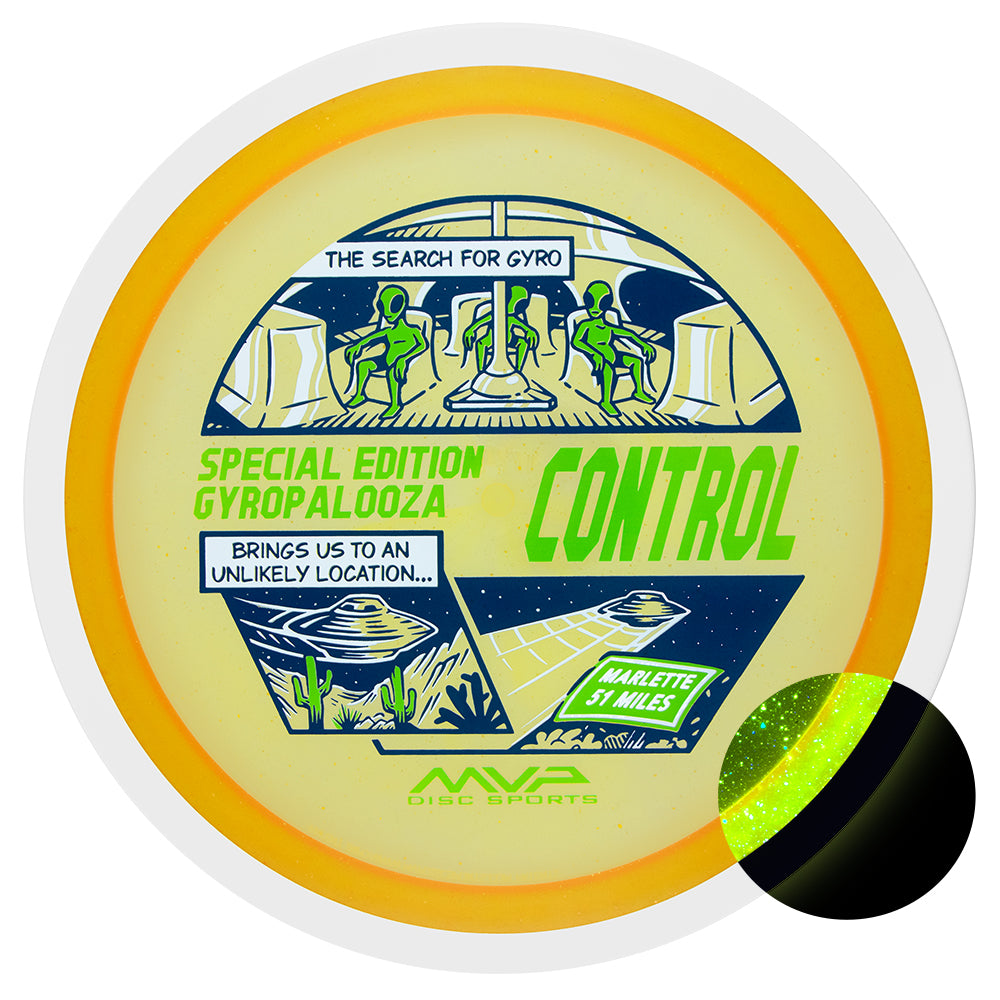 MVP Special Edition GYROpalooza Control disc, yellow with an orange rim and a comic style The Search for Gyro stamp, top view