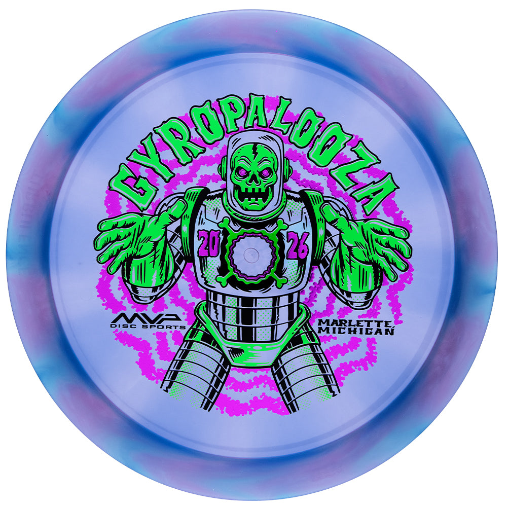 MVP GYROpalooza 2026 disc, purple and blue with a green skeleton astronaut GYROpalooza Marlette Michigan stamp, top view
