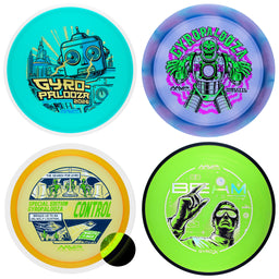 Collage of four MVP GYROpalooza 2026 discs with robot, skeleton astronaut, Control, and Beam Prototype stamps, top view